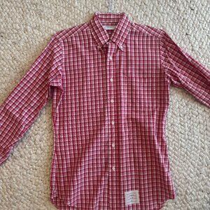 Thom Browne Mens Red Checkered Oxford Button Down Shirt Size 2